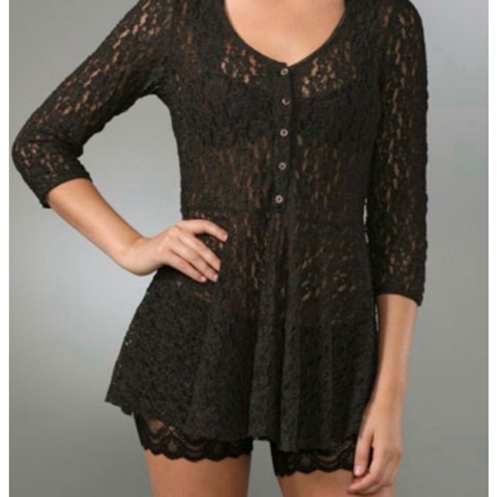 Free People‎ OOH LA LA Lace Top Womens M Black Peplum Sheer  Witchy Whimsigoth